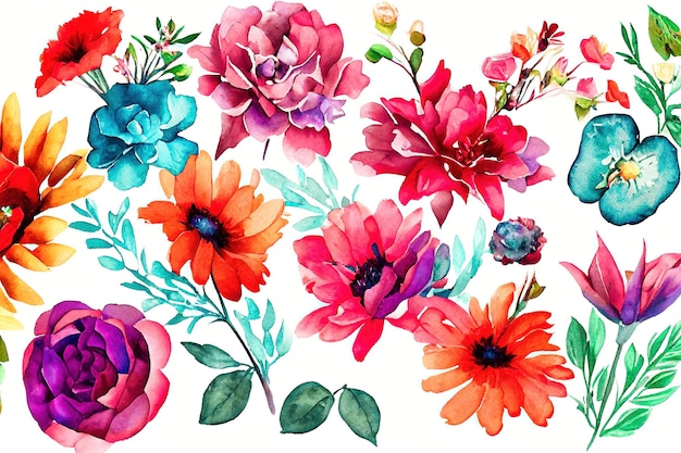 Foto conjunto de flores acuarela piezas de diseño de obras de arte primavera y verano flor naturaleza en el estilo de acuarela dibujada a mano ilustración de arte digital 3d.