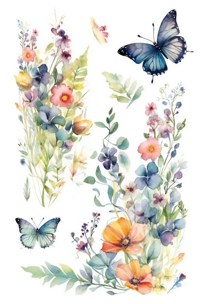 Un conjunto de flores acuarelas con mariposas y mariposas.