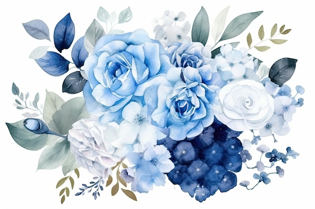Un conjunto de flores azules aislado sobre un fondo blanco.
