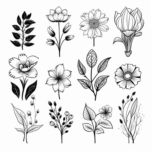 Foto un conjunto de flores blancas y negras y hojas generativas ai