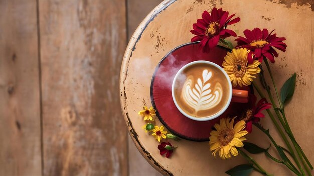 Conjunto de flores y café en una taza en un fondo de madera vista superior