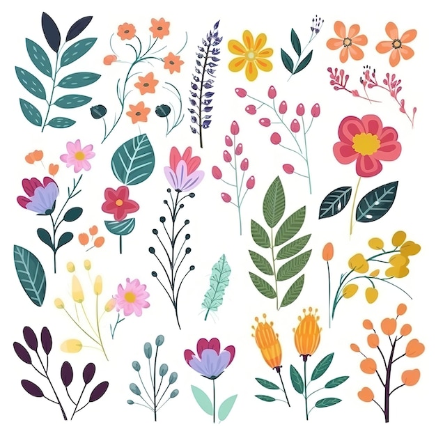 Conjunto de flores coloridas de primavera dibujadas a mano
