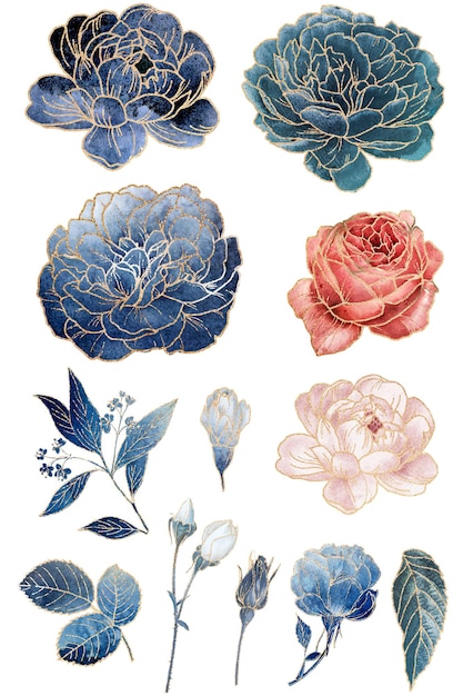 Conjunto de flores en flor con elementos de oro