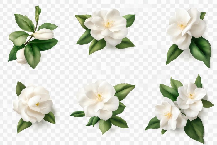 Conjunto de flores de gardenia blancas con hojas verdes en flor AI generativa