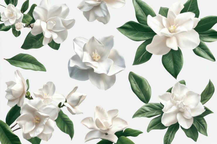 Conjunto de flores de gardenia blancas con hojas verdes en flor AI generativa