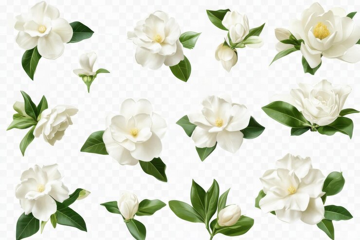 Conjunto de flores de gardenia blancas con hojas verdes en flor AI generativa