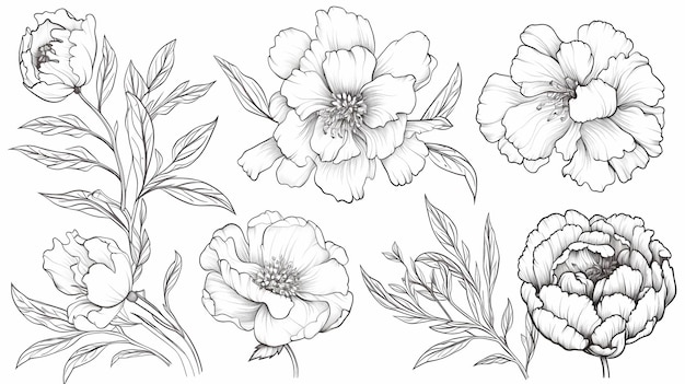 Conjunto de flores y hojas de peonía Ilustración vectorial botánica dibujada a mano