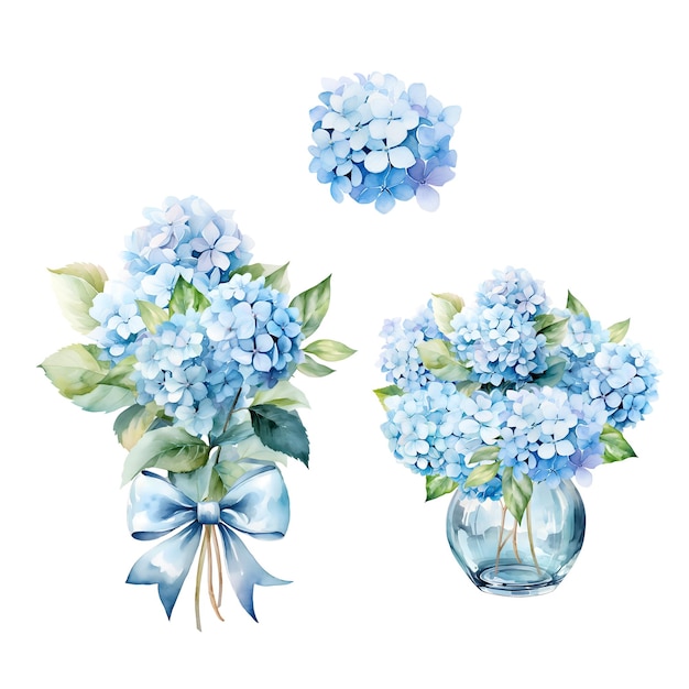 Conjunto de flores de hortensia azul en acuarela