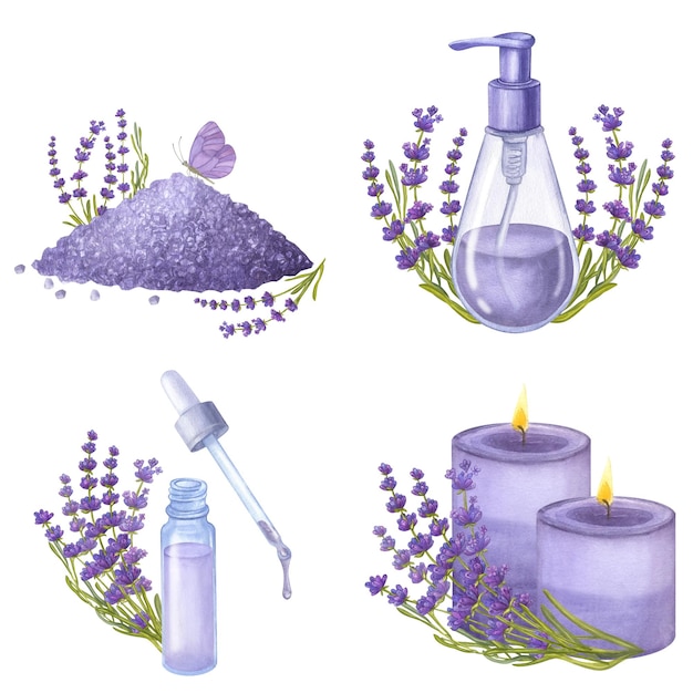 Conjunto de flores de lavanda violeta aceites esenciales botellas de cosméticos jabón acuarela ilustración aislada