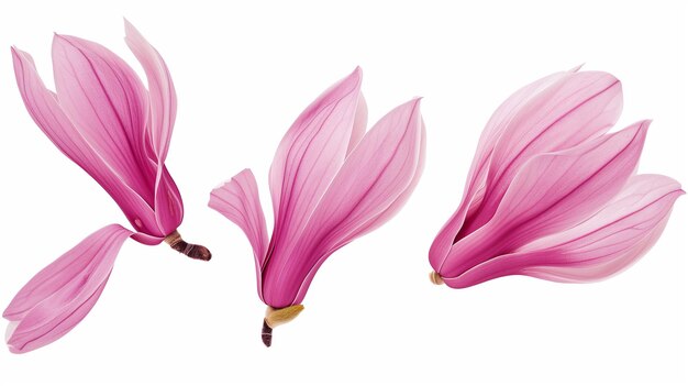 Foto conjunto de flores de magnolia rosadas de la primavera, pétalos aislados sobre un fondo blanco