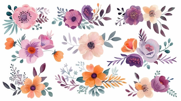 Conjunto de flores modernas Colección floral colorida con hojas y flores dibujadas en acuarela Apta para tarjetas de felicitación invitaciones, etc.