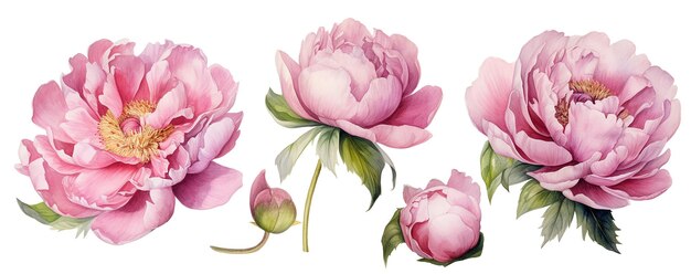 conjunto de flores de peonías rosadas dibujo de acuarela realista ilustración delicada