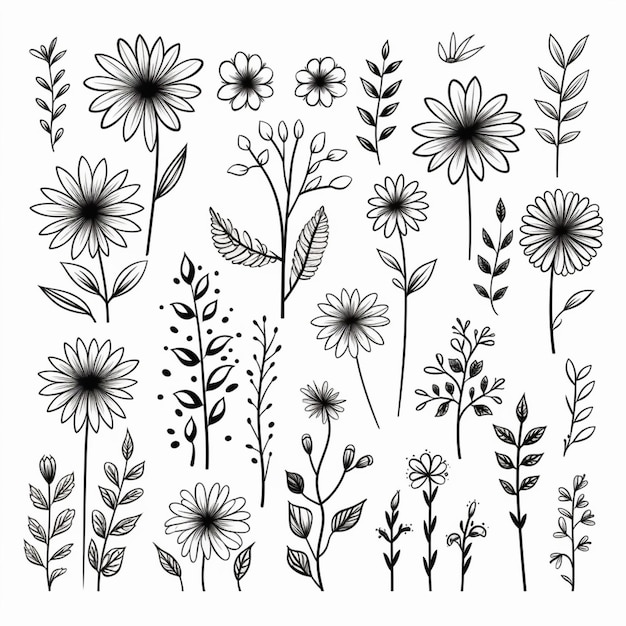 un conjunto de flores y plantas dibujadas a mano ai generativa