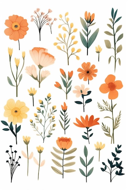 Un conjunto de flores y plantas en varios colores ai generativo.