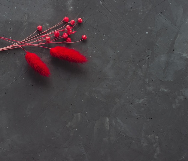 Conjunto de flores rojas secas en la mesa de hormigón oscuro Decoración del hogar