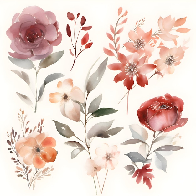 Conjunto de flores vectoriales acuarela Ilustración floral pintada a mano aislada sobre fondo blanco