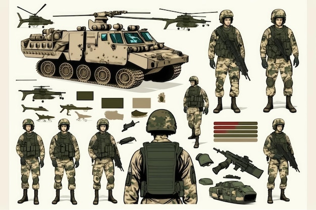Conjunto de fondo blanco de soldado de dibujos animados de acción del ejército Hecho por AIInteligencia artificial