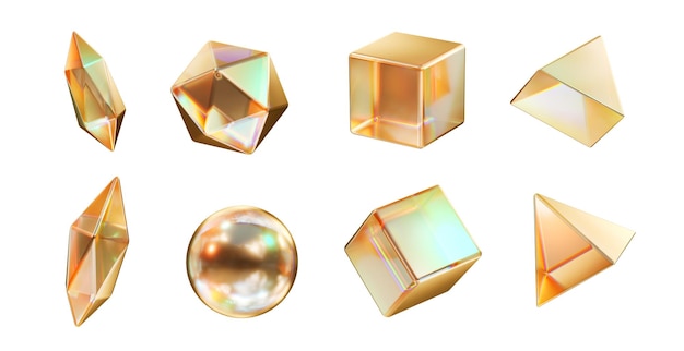 Conjunto de formas de geometría de cristal dorado aislado sobre fondo blanco renderizado 3d sin IA generada