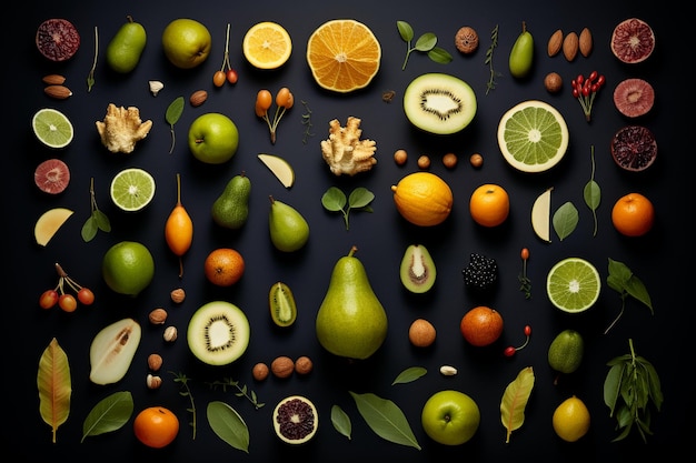 conjunto de fotografías de frutas, semillas y hojas