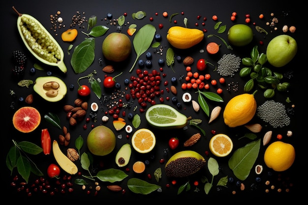 conjunto de fotografías de frutas, semillas y hojas
