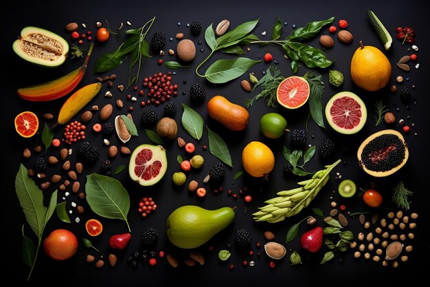 conjunto de fotografías de frutas, semillas y hojas