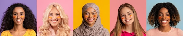 Conjunto de fotos femeninas con bandera de españa en caras.