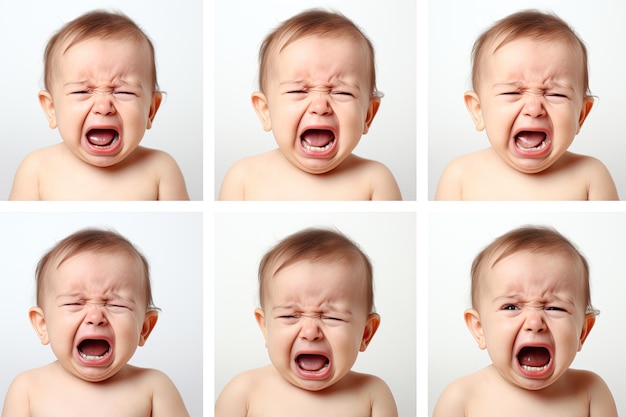 conjunto de fotos de una foto de primer plano de un lindo niño pequeño llorando y gritando