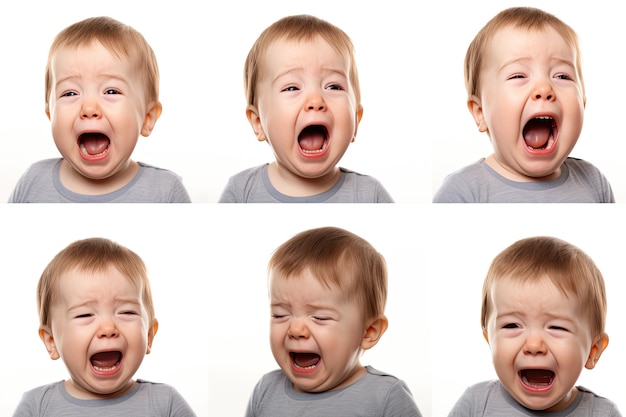 conjunto de fotos de una foto de primer plano de un lindo niño pequeño llorando y gritando