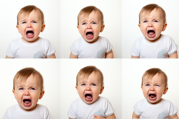 conjunto de fotos de un primer plano de una foto de un bebé pequeño lindo llorando y gritando