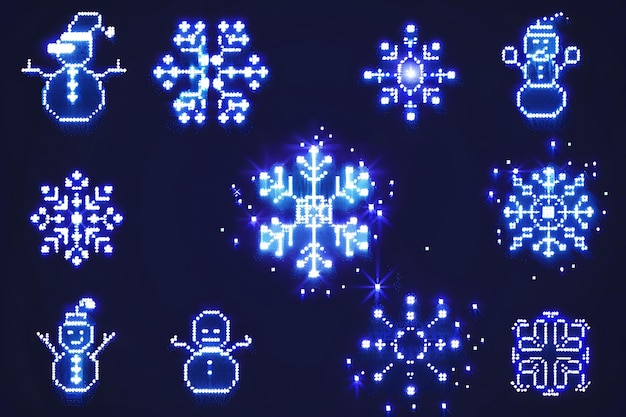 Conjunto de Frosty Snowflake 8 Bit Pixel con Icicles y Snowmen con un juego de T-shirt Concept Art