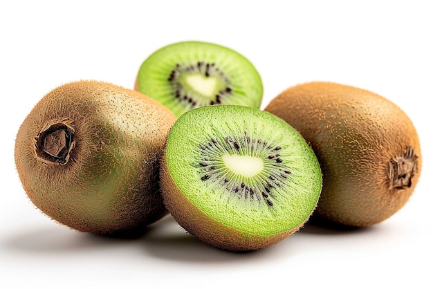 Conjunto de frutas de kiwi enteras y cortadas aisladas sobre un fondo blanco creadas con herramientas de IA generativas