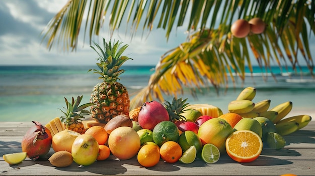 Foto conjunto de frutas tropicales en una mesa de madera la playa de arena y el mar son visibles en el fondo