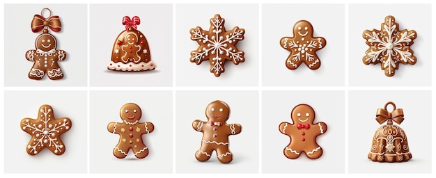 Conjunto de galletas de jengibre sobre fondo blanco Pan de jengibre para el tema de Navidad diseño plano contorno comestible Pan de jengibre copo de nieve estrella hombre ángel estrella campana separada sobre fondo blanco