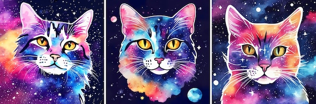 Conjunto de gatos espaciales del zodiaco Ilustración aislada pintada a mano en acuarela