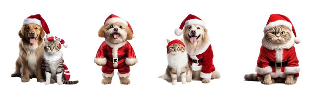 Conjunto de gatos y perros con traje rojo de Navidad de Papá Noel aislado sobre fondo blanco ai generar