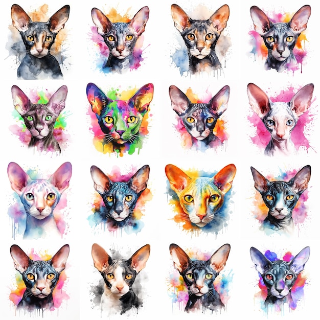 Conjunto de gatos pintados en acuarela sobre un fondo blanco de una manera realista arcoíris colorido Ideal para materiales didácticos, libros y diseños con temas de naturaleza Iconos de salpicaduras de pintura de gatos creados por AI