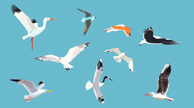 Un conjunto de gaviotas de dibujos animados volando en un cielo azul