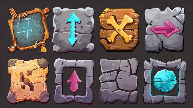 Foto conjunto de gemas y flechas coloridas para interfaces digitales y juegos