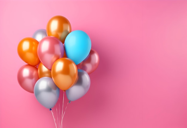 Conjunto de globos coloridos atados en un fondo de pared rosa con espacio de copia Fiesta de boda de cumpleaños o concepto de celebración Generado por IA