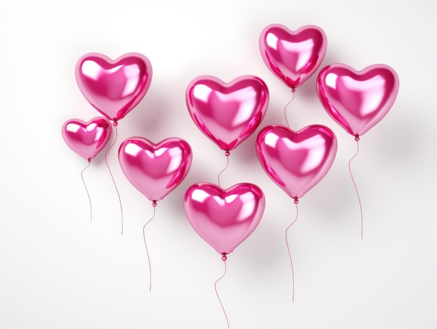 Conjunto de globos rosados en forma de corazón sobre un fondo rosado