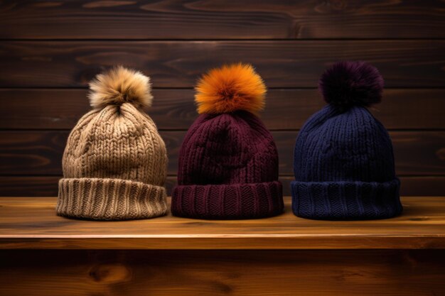 Conjunto de gorros de invierno de lana sobre una mesa de madera