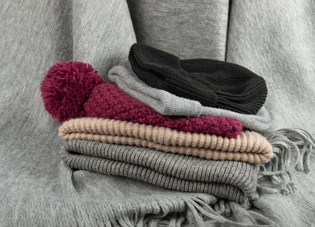 Foto conjunto gorros invierno ropa invierno punto gorro lana gris