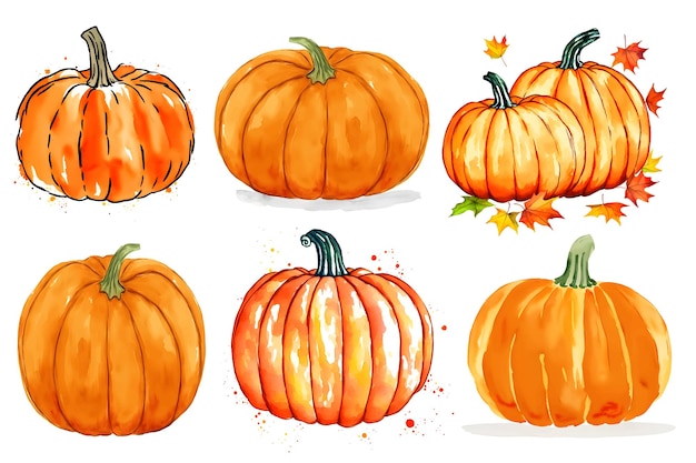 Conjunto grande de otoño con vector de calabazas de acuarela naranja sobre fondo blanco aislado colección granja h