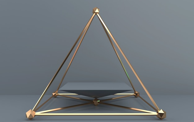 Foto conjunto de grupo de formas geométricas abstractas, fondo gris, jaula dorada, representación 3d, escena con formas geométricas, pedestal cuadrado dentro de la pirámide dorada