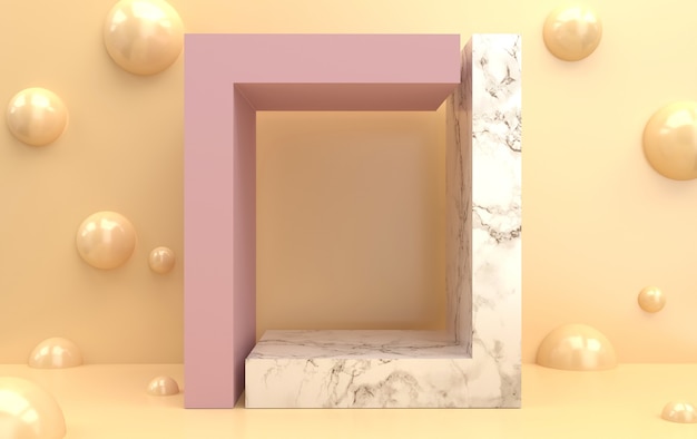 Conjunto de grupo de formas geométricas abstractas, fondo pastel, portal geométrico, pedestal de mármol, representación 3d, escena con formas geométricas, bolas de perlas