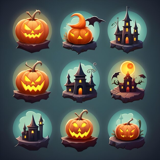 Conjunto de Halloween de calabazas fantasmas murciélagos de casa embrujada y castillo sobre fondo sólido