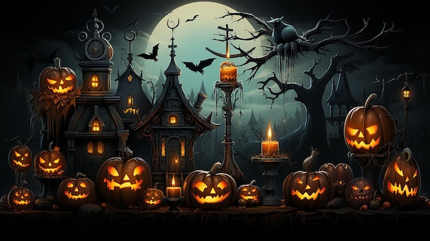 Conjunto de Halloween de elementos vectoriales ilustrados Calabaza bruja caldero caramelo cuervo fantasmas punto 1