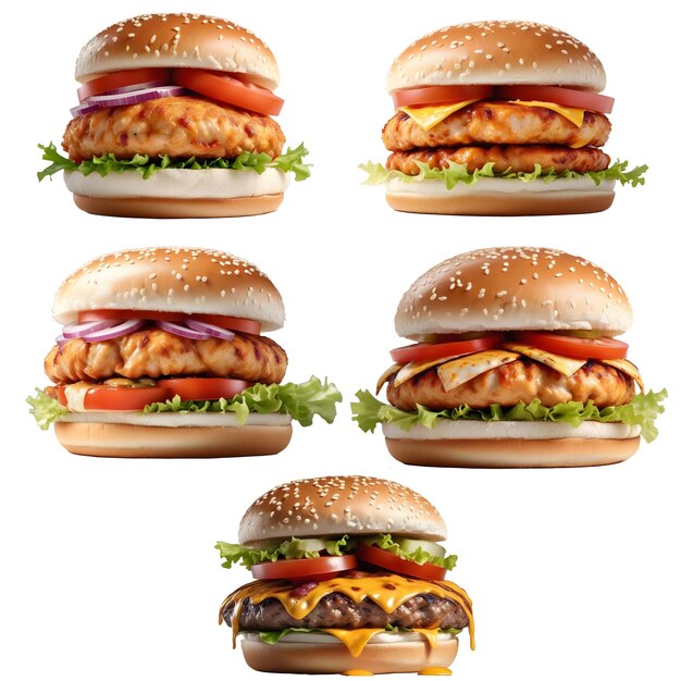 Foto conjunto de hamburguesas en fondo blanco png