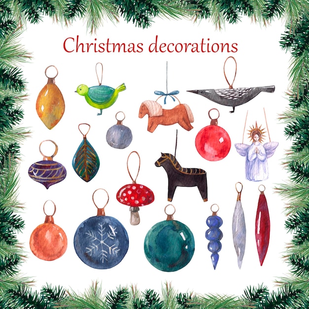 conjunto, de, handdrawn, acuarela, árbol de navidad, decoraciones