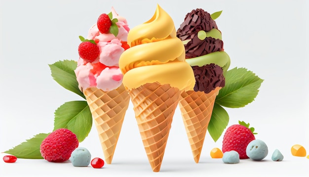Conjunto de helado en cono de galleta con frutas aislado sobre fondo blanco.